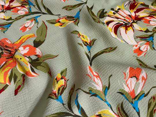 Tropical Printed Stretch Crepe - Flowy Island Hibiscus Print Sage/Pink Hawaiian Floral Deadstock Apparel Fabric By The Yard [F1158]
