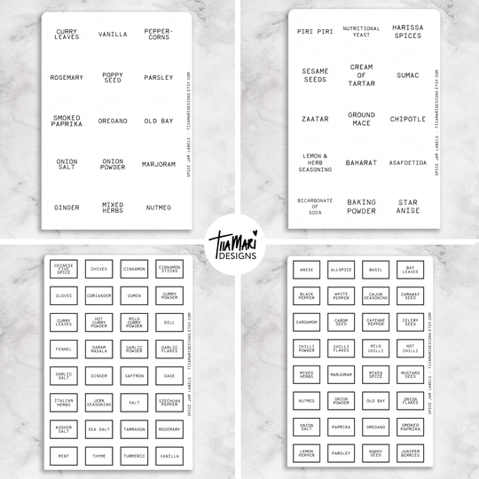 Spice Jar & Lid Labels Set Foil Clear White Sticker Sheet | 9 Sheets - 180 Stickers in Total