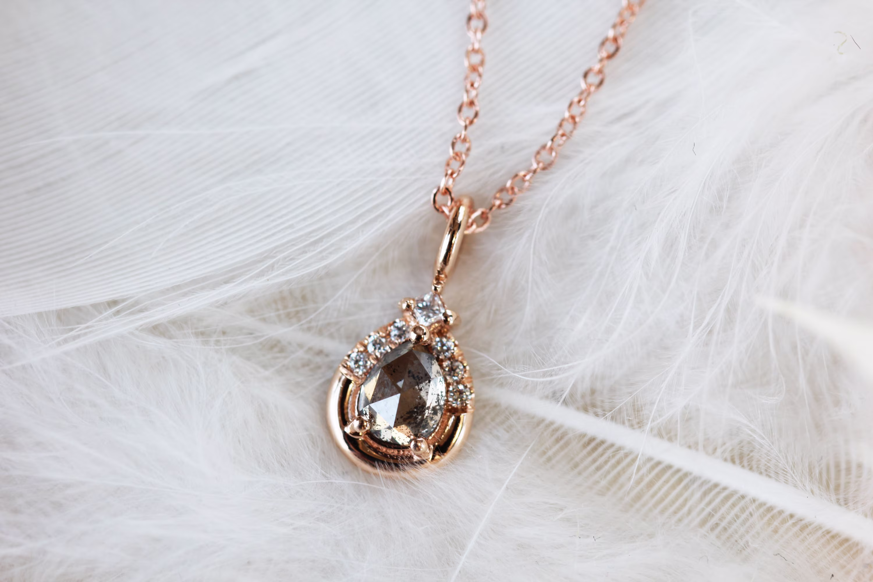 Salt & Pepper Pear Diamond Necklace Pendant Unique Jewelry Bridal Engagement Modern Rose Gold