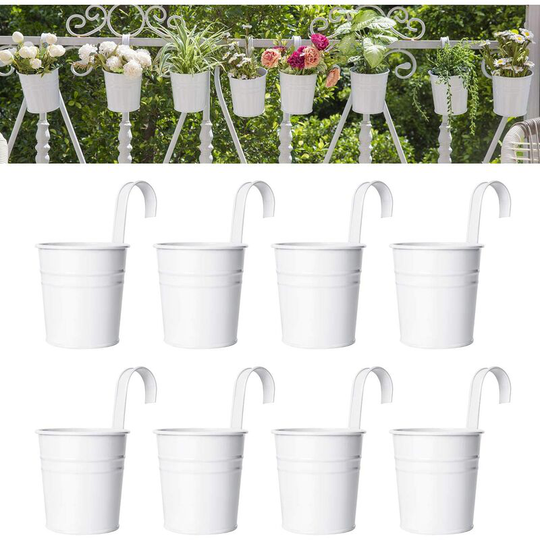 8 Pcs Hanging Flower Pots Metal Iron Bucket Planter for Railing Fence Balcony Garden Home Decoration Flower Holders with Detachable Hooks, white, 4