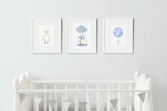 Set Of 3 Unframed Boy's Nursery Art Prints, Puddle Ducks, Baby Blue, Pale Powder Blue, Bedroom Art, Illustration Prints