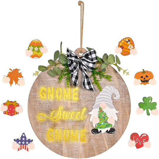 Briday - Gnome Welcome Sign with led Lights, 12' Seasonal Front Door Wooden Wreath with 9pcs Interchangeable Ornaments