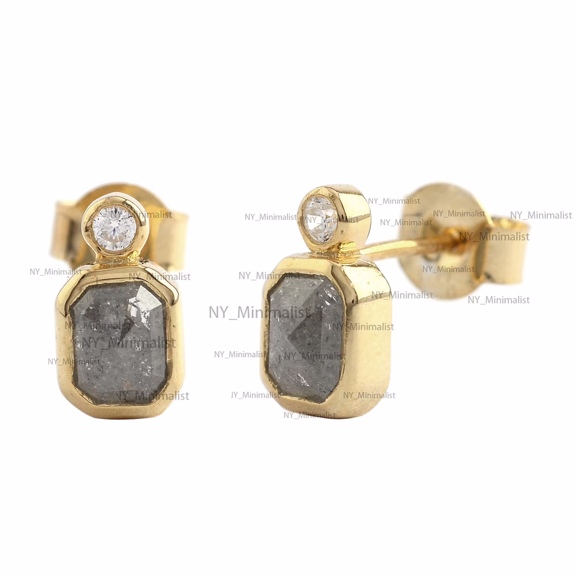 Genuine Salt & Pepper Diamond Tiny Stud Earrings in Solid 18K Yellow Gold Minimalist Jewelry Gift For Her
