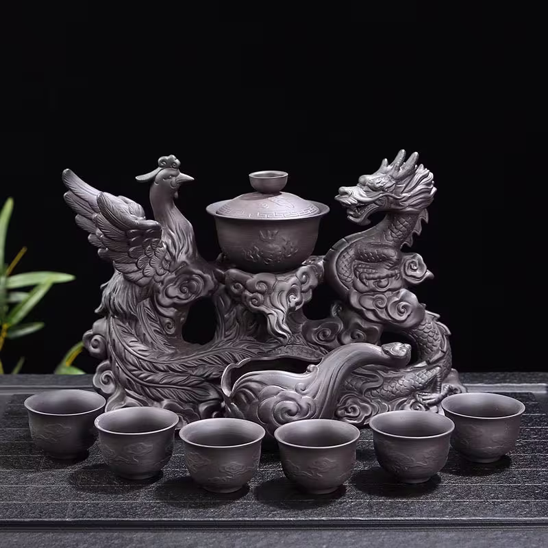 Oriental Dragon & Phoenix Purple Clay Tea Set | Tureen Cups Kungfu Art Gift For Him Her Antique