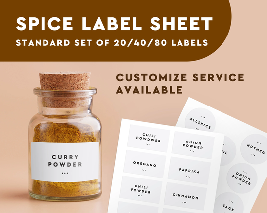 Spice Label Sheet With Standard Set Of 20/40/80 Labels | Custom Your Own Pantry Modern Jar Durable Water Resistant Stickers