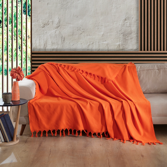 Burnt Orange Throw Blanket Organic Cotton Bedspread - 3 Seater Sofa Cover & Queen Bedding Woven Autumn Throw 200 cm X 230