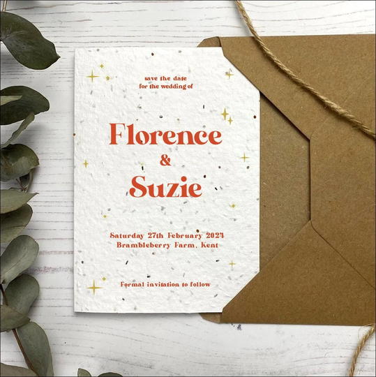 Wildflower Plantable Seed Card Save The Dates, Sustainable Wedding Stationery, Seeded Paper Our Evening, Retro Celestial Invite