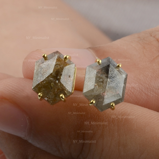 Rare Natural Big Hexagon Salt & Pepper Diamond Solid 18K Yellow Gold Stud Earrings Certified Gray Ny Minimalist