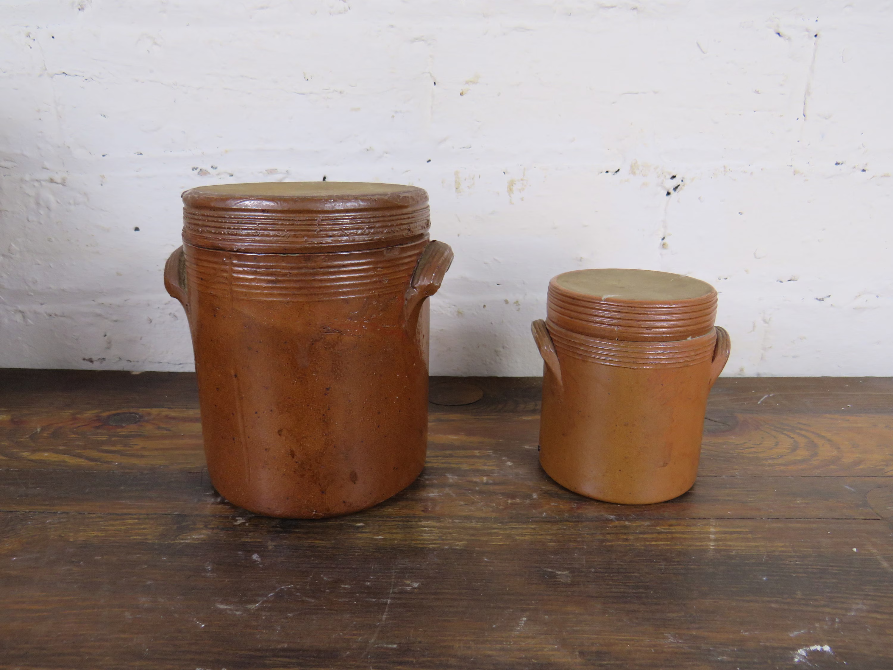 x2 Original French Salt Glazed Confit Pot Solid Earthenware Stoneware Lidded Circa 1960 - 1970 Storage Jar Pickling Etc. Ceramic