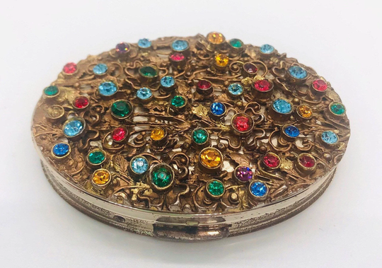 Dorset 5Th Ave Oval Rhinestone Powder Compact Ornate Filigree Make Up Vintage Vanity