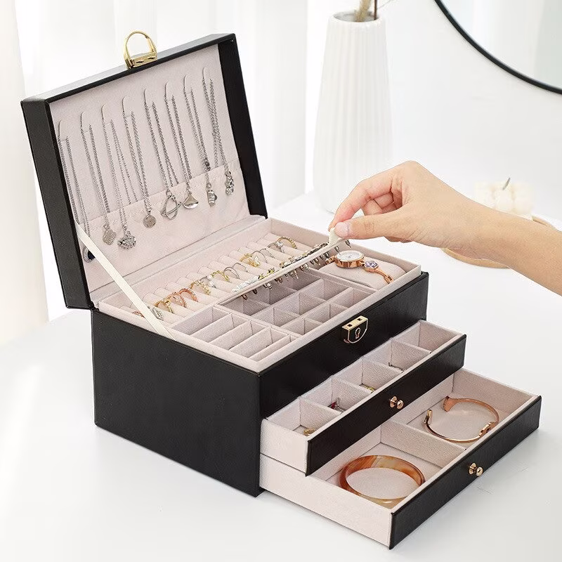 Jewelry Organizer Box, 3-Layer Pu, Holder With Lock Removable Necklaces Earrings Rings Display Case Large Capacity Gift For Women