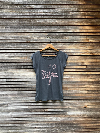 Coming Up Tulips Tee, Bamboo + Organic Cotton, Cap Sleeve Silky Dark Grey Floral Tee