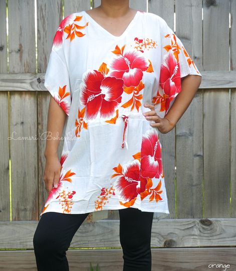 Hibiscus Floral Kaftan Blouse , Boho Tops, Shirt, Oversized Hawaiian