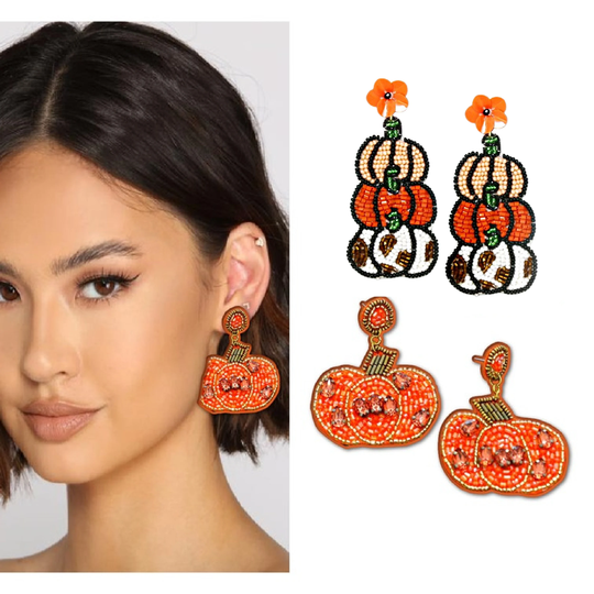 Fall Thanksgiving Pumpkin Seed Bead Autumn Halloween Statement Earrings