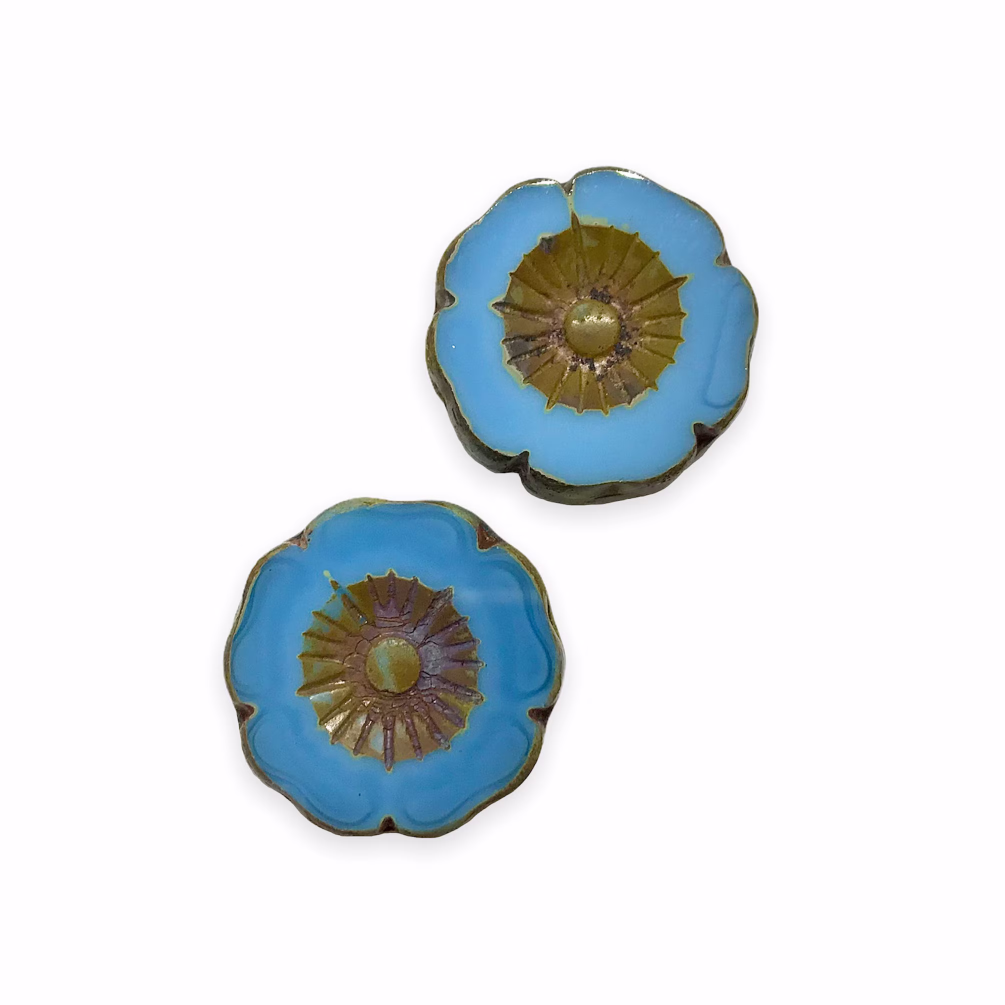 2Pcs Xl Hibiscus Flower Table Cut Focal Beads Opaque Blue Brown Picasso 22mm Czech Glass [|#2|]