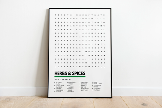 Herbs & Spices Kitchen Wordsearch Art Print Poster A4 A3 | Cooking Wall Decor