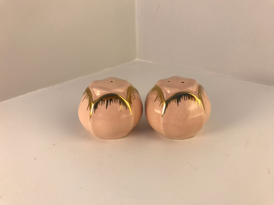 Art Deco Ceramic Salt & Pepper Shakers in Light Pink With 24K Gold Detail, Hand Painted