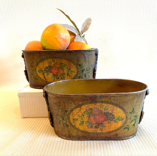 Tole Green Planters-With Painted Fruit Still Lifes in Ovals-And Relief Trim On The Sides-For Flower Arrangements