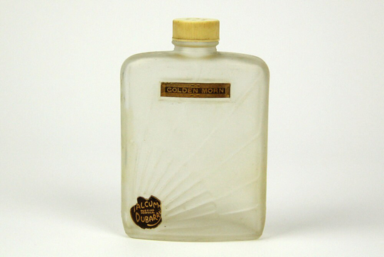 Vintage 1930S Art Deco Dubarry Golden Morn Glass Talcum Powder Bottle With Sunburst Design & Bakelite Cap | Empty