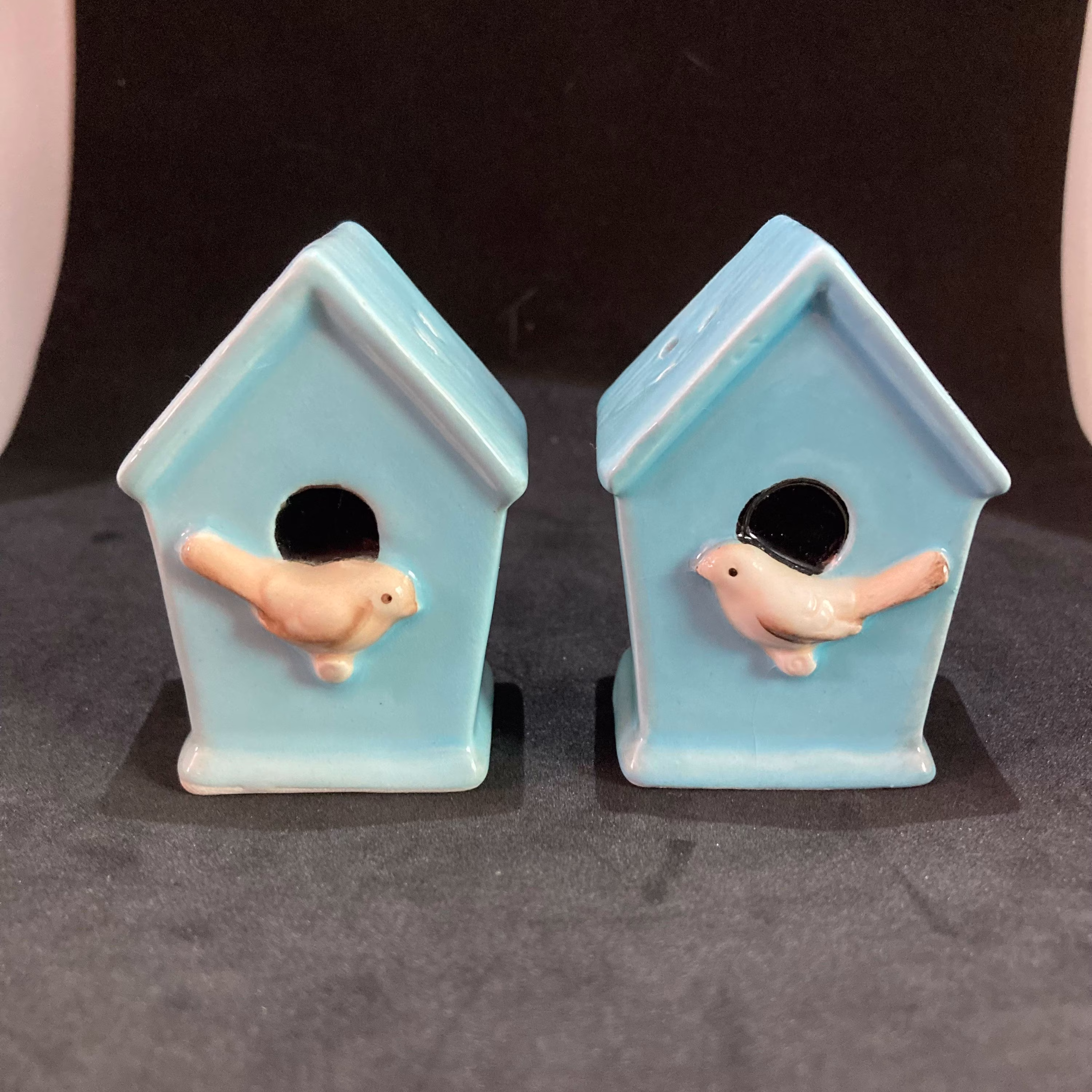 Vintage Pair Of Blue Birdhouse Salt & Pepper Shaker Made By Hallmark
