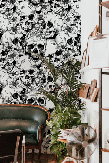 Skull & Cherry Flowers | Wall Hanging Peel Stick Wallpaper Removable Decor Home Art Printable