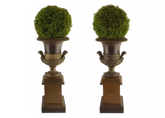 Pair Bronze Campagna Urns Neoclassical Figural Handles On Pedestal Plinth Lamp Bases Antique