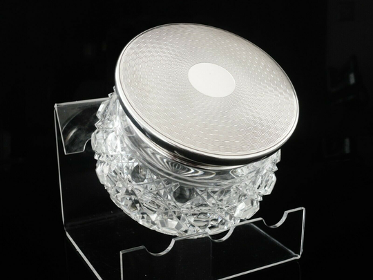 Silver Powder Jar, Sterling, Cut Glass, Art Deco, Mirror, English, Vintage, Martin Hall & Co Ltd, Hallmarked Birmingham 1927, Ref195I