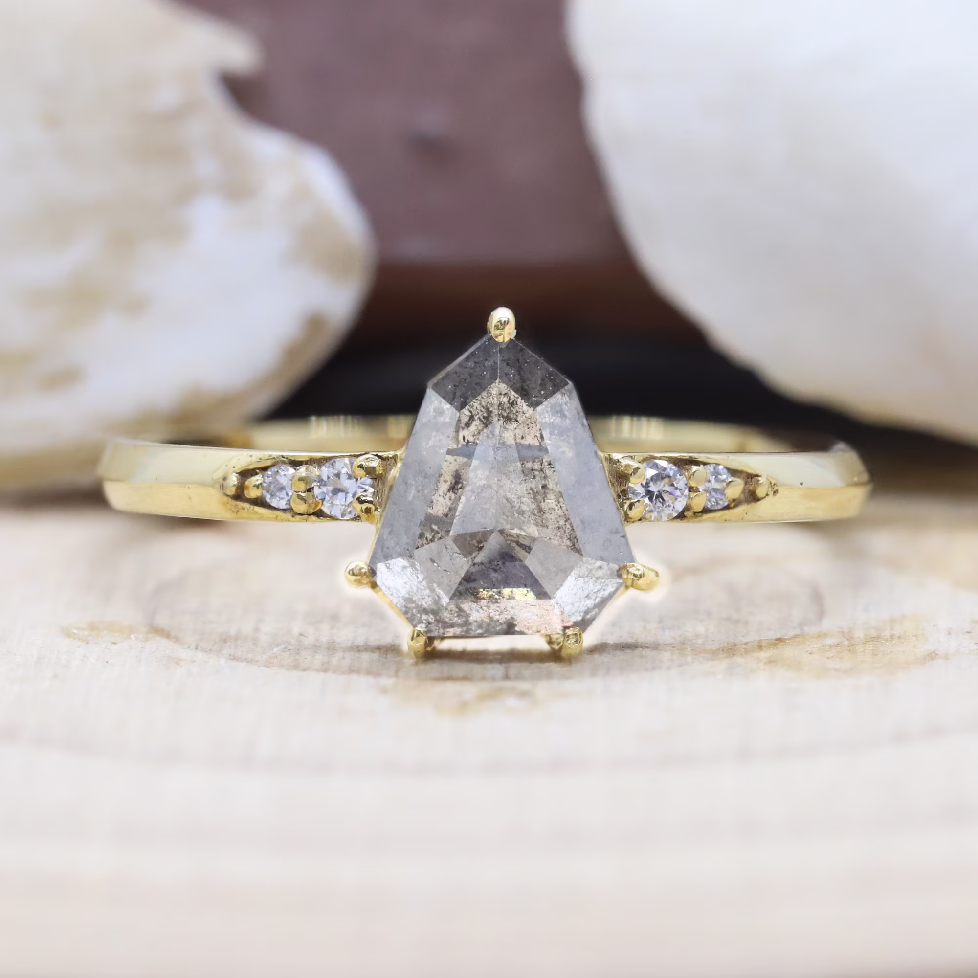 14K & 18K, Salt & Pepper Diamond, Shield Natural Diamond Ring, Gold Engagement Wedding Objr-98