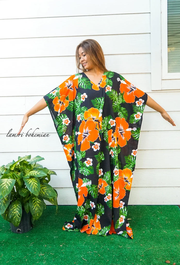 Hibiscus Monstera Boho Kaftan Dress, Loose Fit Beachwear, Loungewear, Summer Clothing, Swimsuit Cover Up, Hawaiian Caftan