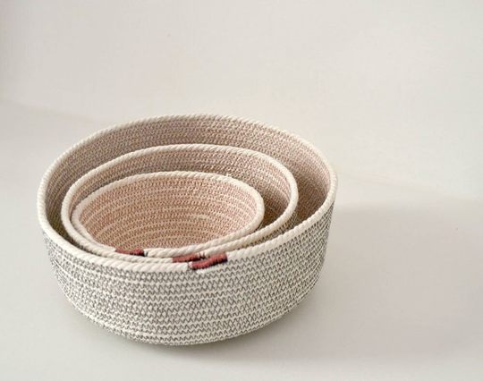 Coil Rope Basket, Breakfast Powder Room Decor, Natural Cotton Rope, Pink & Grey Accent, Cotton Bowl, Beach Anniversary Gift