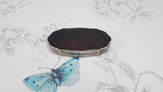 Antique Oval Sterling Silver Powder Compact, 935 & Tortoiseshell Twin Rare Tortoise Shell Compact