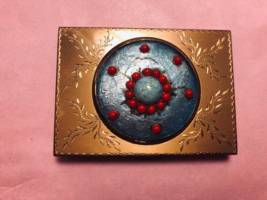 Very Pretty Powder Compact With Turquoise & Red Perles