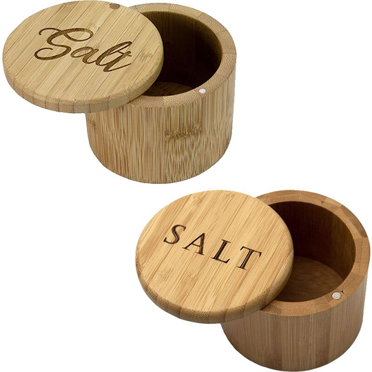 Bamboo Salt Box, Salt Container With Lid, Salt Shaker, Bowl with Magnetic Swivel Lid (2 pcs) Alphabet + French