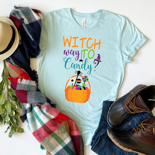 Halloween T-Shirt, Witch Way Shirt, Fall Tee, Autumn, Seasonal Holiday, Candy, Hat, Pumpkin, Bucket, Trick-Or-Treat