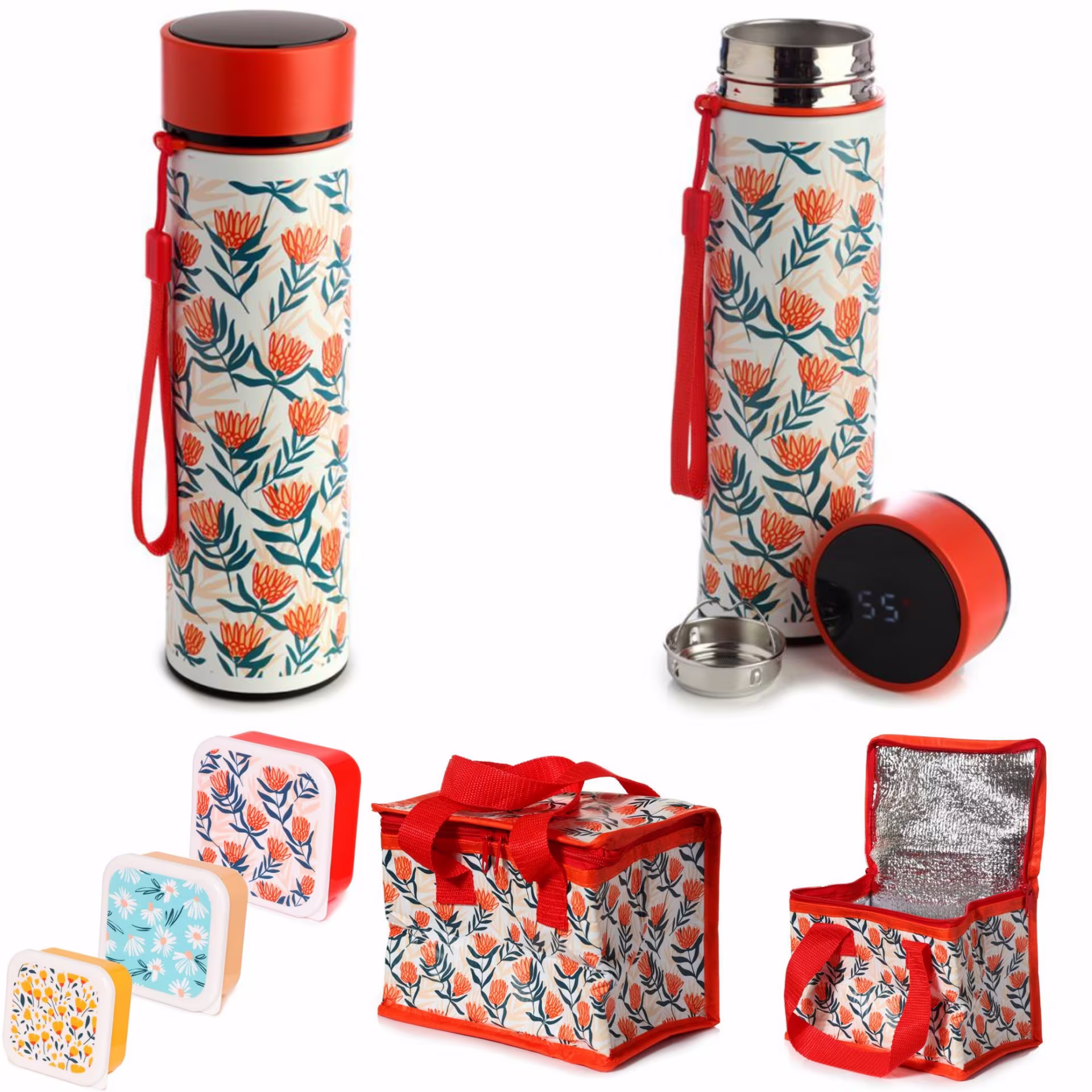 Floral Botanical Reusable 450Ml Thermal Insulated Hot Cold Drinks Bottle - 3Pc Snack Fruit Veg Lunch Boxes S M L Bag Set
