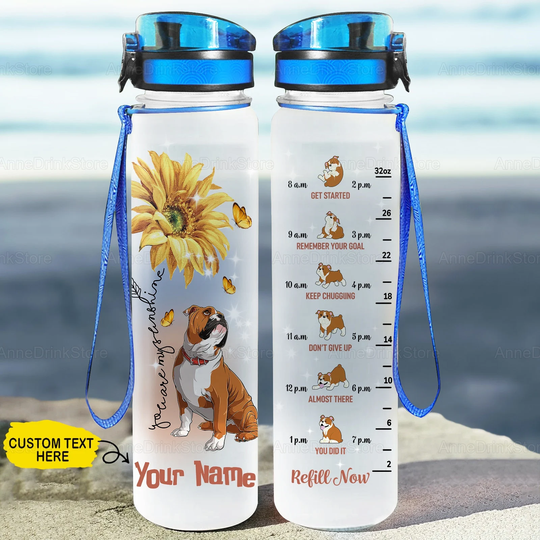 Bulldog & Sunflower Water Tracker Bottle, Personalized Funny Tumbler, Gift For Her, Cute Christmas