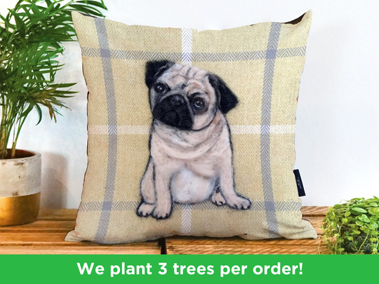 Pug Dog Vegan Cushion By Sharon Salt - Print Not 3D | Throw Pillow Handmade in The UK Gift Little Decor