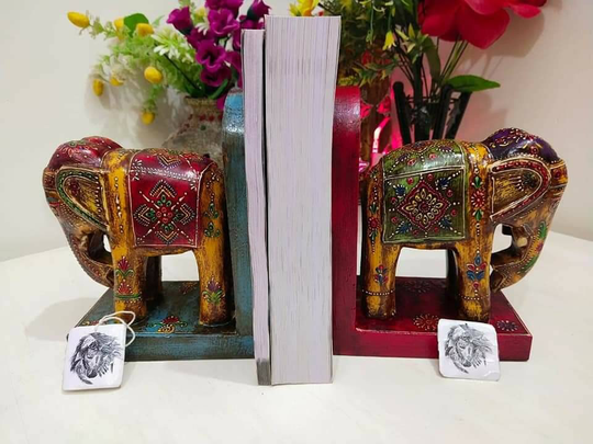 Wooden Elephant Bookend Book Organizer Wood Sculpture Holder Stands Home Library Rustic Office Decor Hand Painted Gifts For Lovers