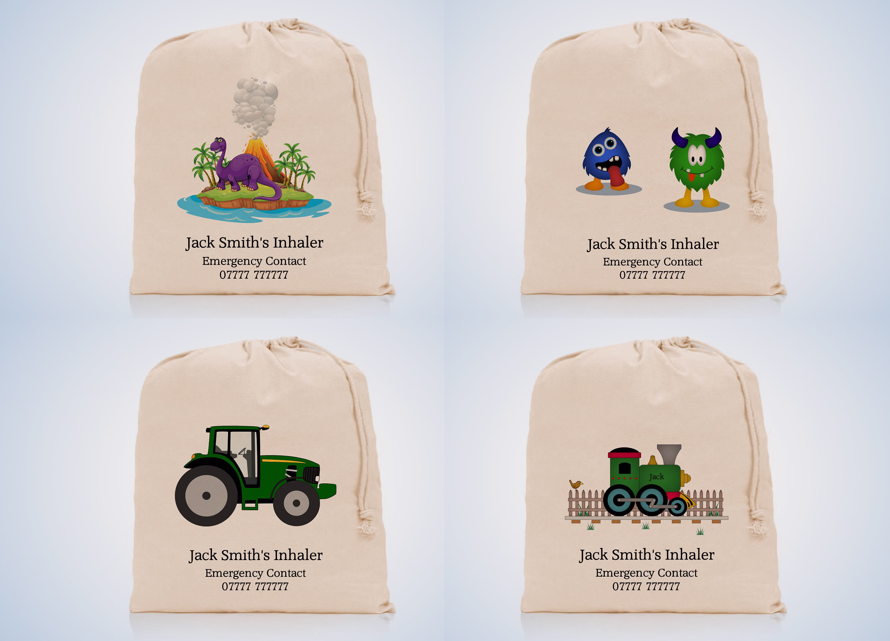 Personalised Inhaler Medicine Bag - Dinosaur, Tractor, Train, Monsters Free Postage