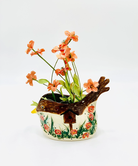 Hand Painted Bird Vase in White Clay
