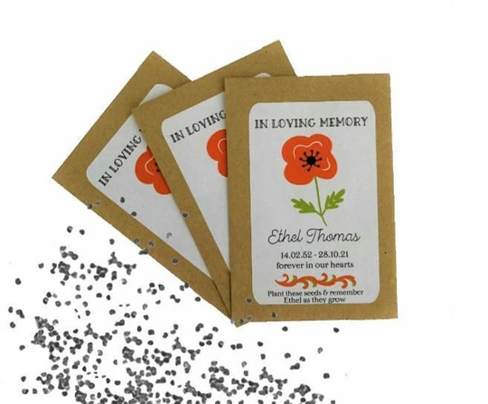 Personalised Funeral Poppy Seed Packets Envelopes Memorial Remembrance Favours Keepsake