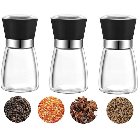 Pepper and Salt Mill Set of 3, Peppermill and Salt Mill Manuel Moulins with salt and peppermen with adjustable ceramic grinding grinder, 13.5cm