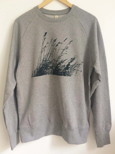 Wild Grasses Unisex Organic Sweatshirt Light Grey Raglan Cotton Dark Blue Wild Grasses Print Warm Jumper