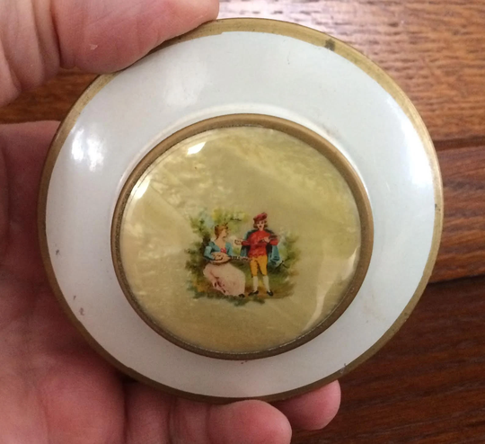 Vintage Ring Box, Vanity Trinket Box Tin With Lid; Pearlized 3D Center; Colonial Couple On 3