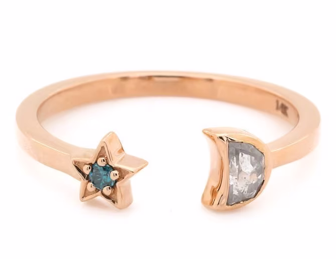 Salt & Pepper Diamond Ring Half Moon 14K Solid Rose Gold Engagement Wedding Gift For Her