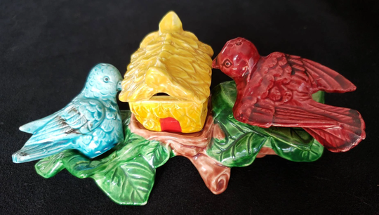 1940's, Vintage, Birds, Birdhouse, Salt & Pepper, Shakers, Condiment Tray, Beautiful, Vibrant Colors, Made in Japan