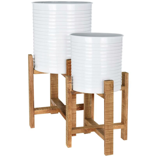 Idooka - White Plant Pot Pair 2 Metal Wooden Planter Stand Large Indoor Plants Home D?or - 3000500 - White