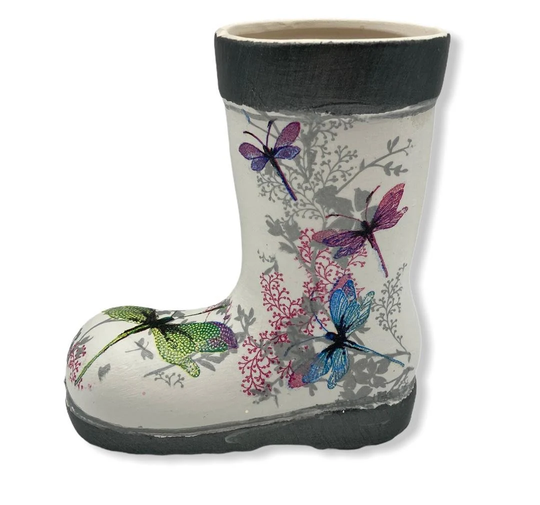 Dragonfly Wellie Boot Mini Planter For Home Or Garden, Decor Dragonflies Wellington, Unique Pond Decor, Ceramic Plant Pot