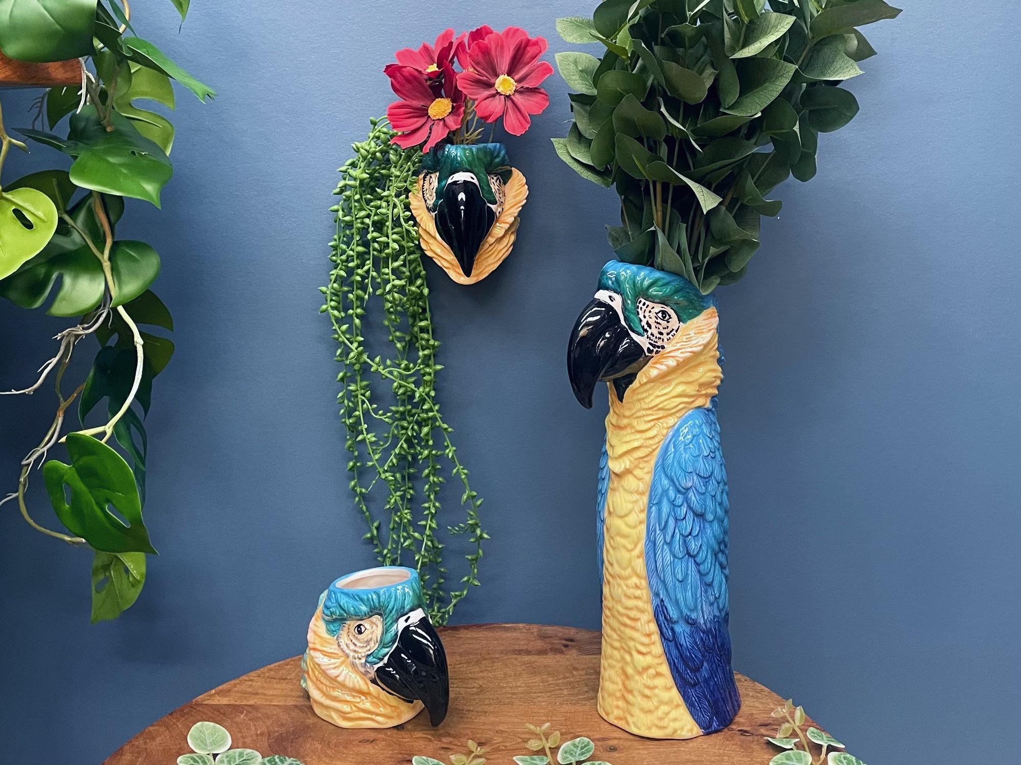 Blue Macaw Parrot Ceramic Wall Sconce/Vase Freestanding Storage Jar Planter