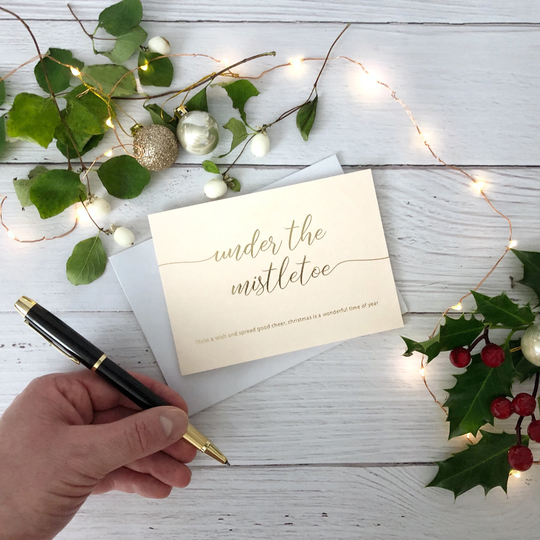 Thoughtful Christmas Card, Gold Foil Greeting Under The Mistletoe, Poem Card